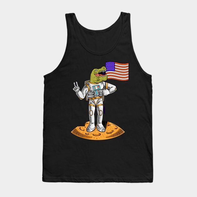 Engraving cool dude in space suit dino t-rex hold american usa flag on moon the first flight on moon space Tank Top by drydenshops